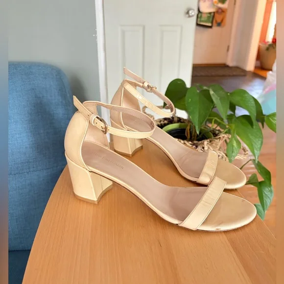 Stuart Weitzman Nudistcurve 75 Nude Patent Block Heel Sandals Sz 8 - Picture 2 of 8